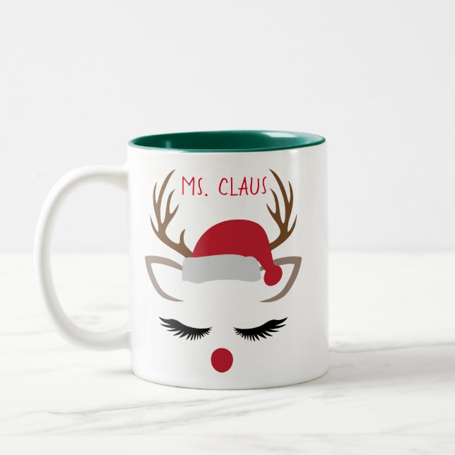 CHRISTMAS GIRL REINDEER FACE PERSONALIZE  Two-Tone COFFEE MUG (Left)