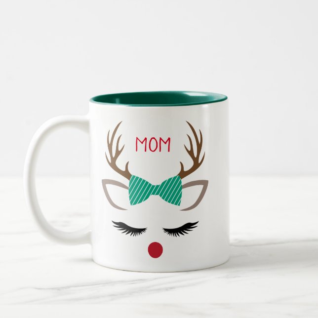 CHRISTMAS GIRL REINDEER FACE PERSONALIZE Two-Tone COFFEE MUG (Left)