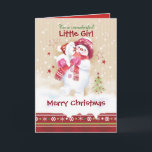 Christmas, Girl. Snowman hugs Puppy Holiday Card<br><div class="desc">A sweet Christmas card for a little girl. It features an adorable snow child hugging her cute snow puppy. She is wearing a matching hat scarf and gloves in pink and red, and her puppy is wearing a Santa hat. Snow is falling around them and a decorative Christmas border trims...</div>
