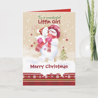 Christmas, Girl. Snowman hugs Puppy Holiday Card