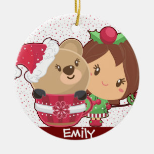 Christmas Girl & Teddy Bear Holiday Personalized Ceramic Ornament