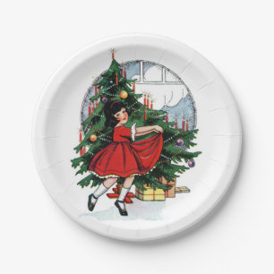 Christmas Girl Vintage Illustration Paper Plates