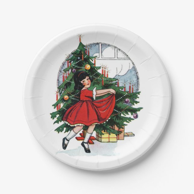 Christmas Girl Vintage Illustration Paper Plates (Front)