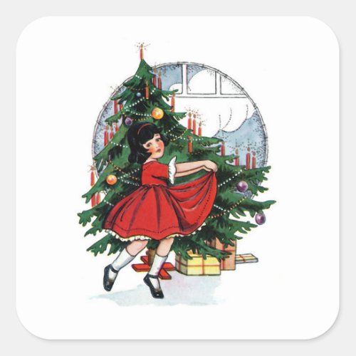 Christmas Girl Vintage Illustration Square Sticker