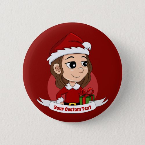 Christmas girl with brown wavy hair button