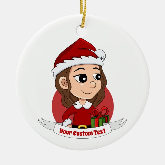 Christmas girl with brown wavy hair ceramic ornament (Front)