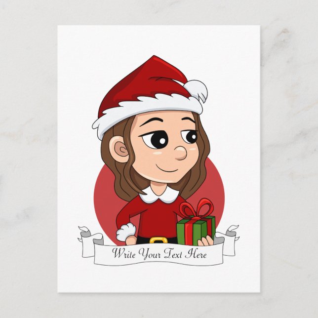 Christmas girl with brown wavy hair holiday postcard (Front)