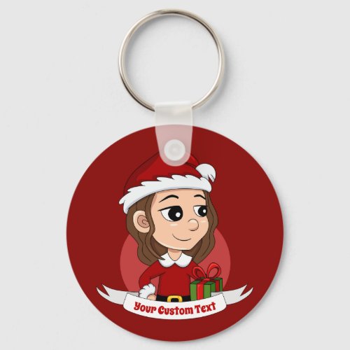 Christmas girl with brown wavy hair keychain