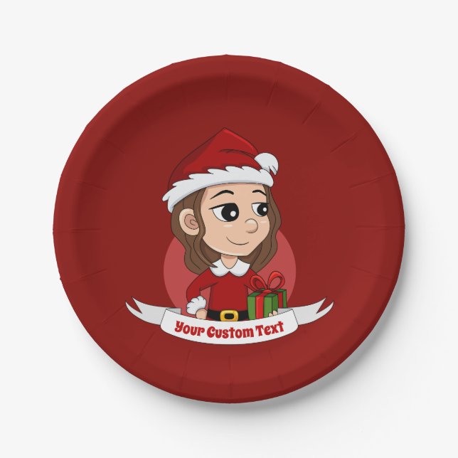 Christmas girl with brown wavy hair paper plates (Front)