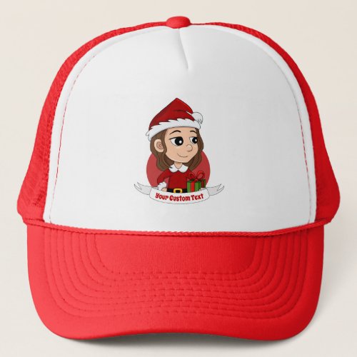 Christmas girl with brown wavy hair trucker hat