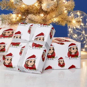 Christmas girl with brown wavy hair wrapping paper