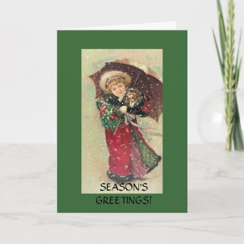 Christmas Girl with Cavalier Puppy Holiday Card