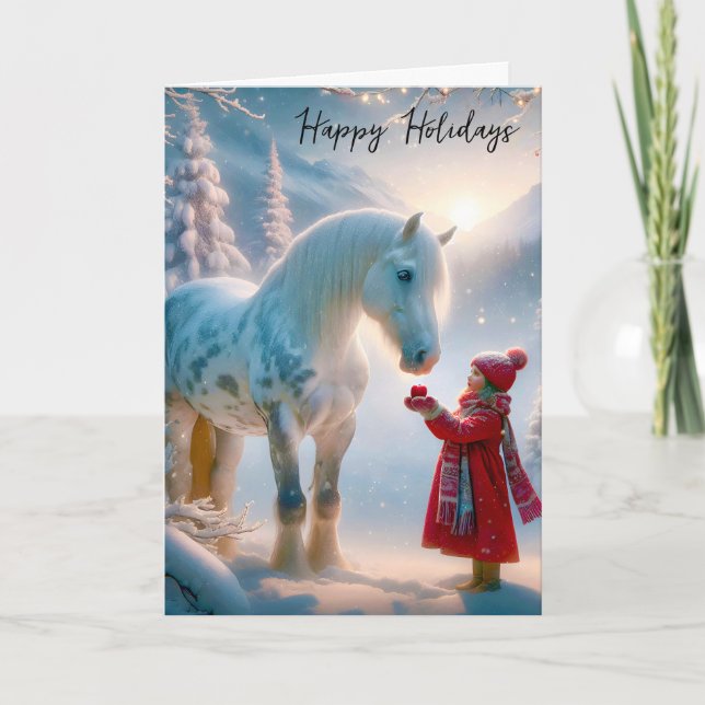 Christmas Girl With Dapple Gray Horse Holiday Card (Front)