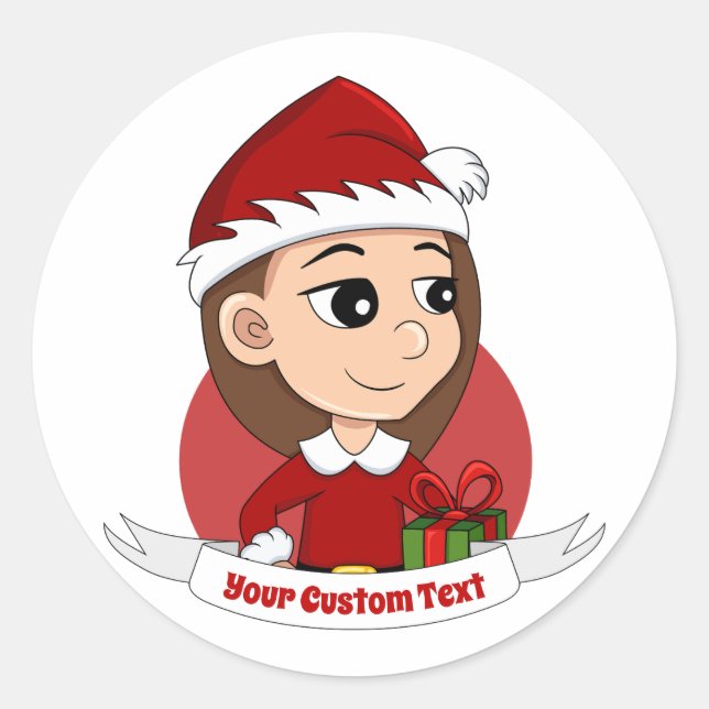 Christmas girl with long brown hair cartoon classic round sticker (Front)