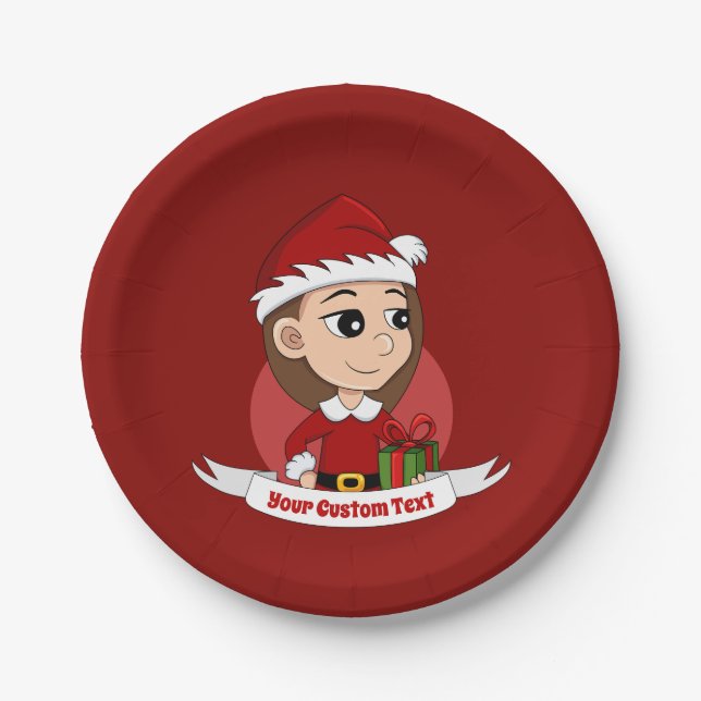 Christmas girl with long brown hair paper plates (Front)