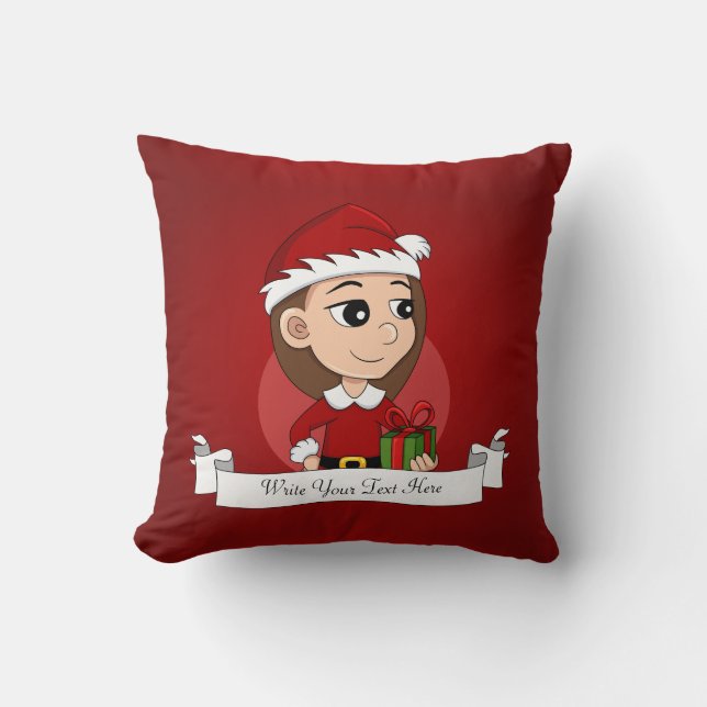 Christmas girl with long brown hair throw pillow (Front)