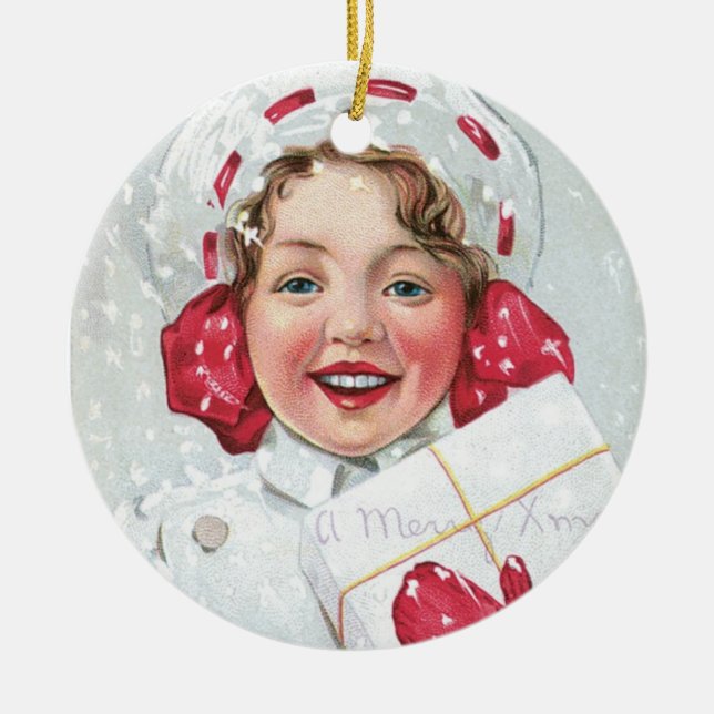 Christmas Girl with Package Ceramic Ornament (Front)