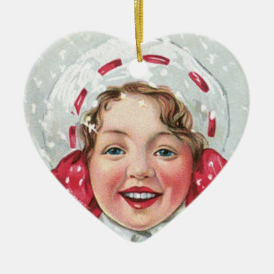 Christmas Girl with Package - heart Ceramic Ornament