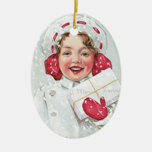 Christmas Girl with Package - oval Ceramic Ornament