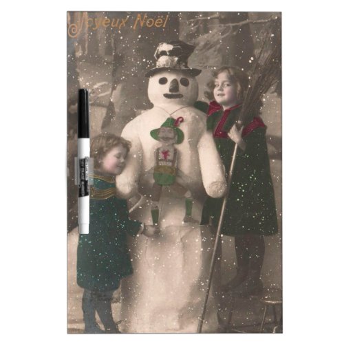 Christmas Girls and Snowman Vintage Photo Dry Erase Board