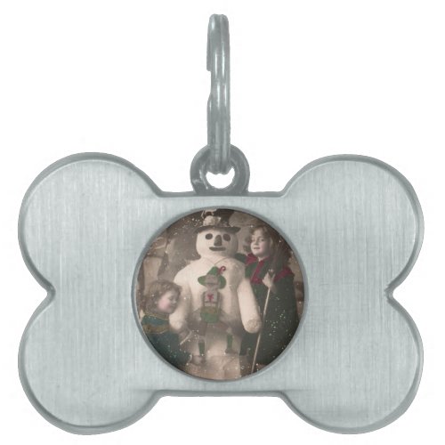 Christmas Girls and Snowman Vintage Photo Pet ID Tag