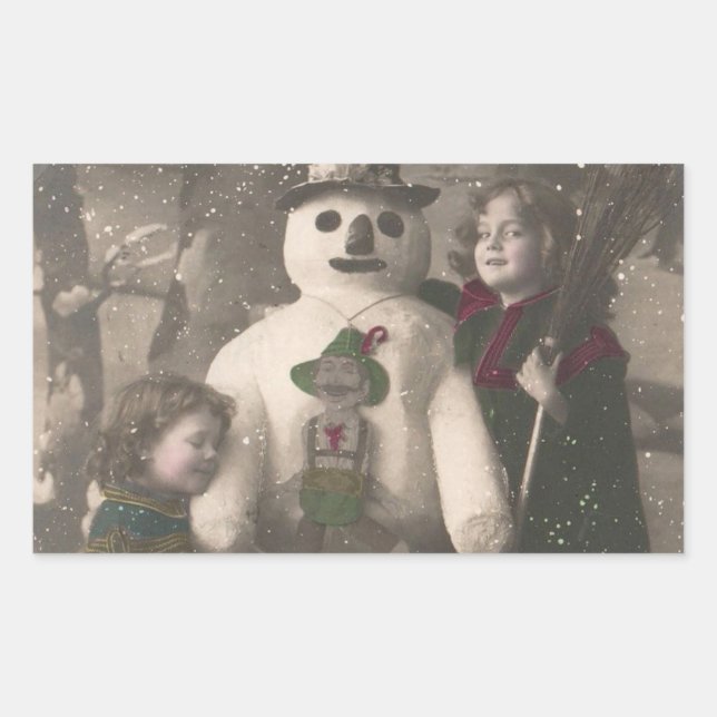 Christmas Girls and Snowman Vintage Photo Rectangular Sticker (Front)