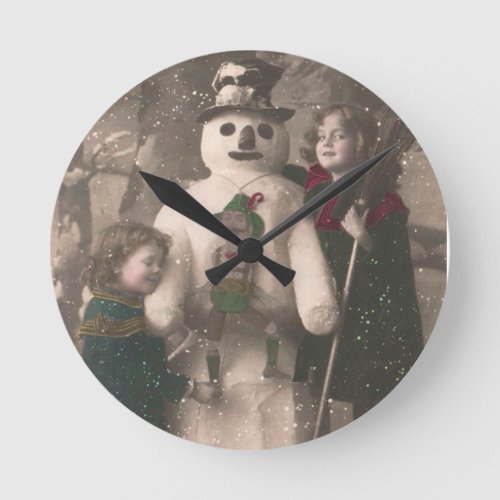 Christmas Girls and Snowman Vintage Photo Round Clock