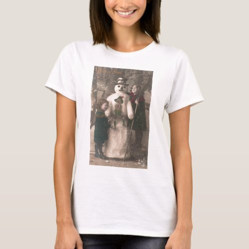 Christmas Girls and Snowman Vintage Photo T_Shirt