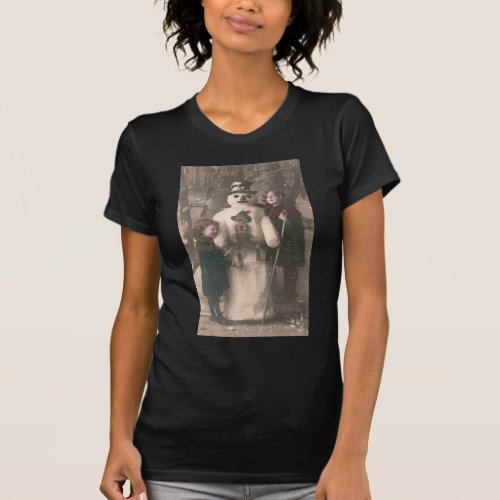 Christmas Girls and Snowman Vintage Photo T_Shirt