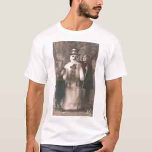 Christmas Girls and Snowman Vintage Photo T-Shirt