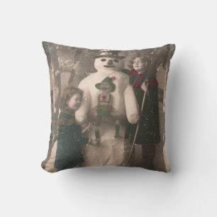 Christmas Girls and Snowman Vintage Photo Throw Pillow