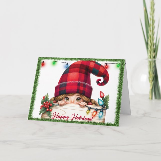 Christmas Girly Gnome With Plaid Hat Holiday Card (Front)