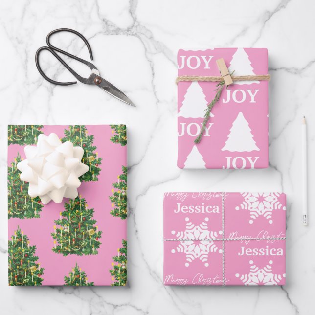 Christmas Girly Pink & White Pattern  Wrapping Paper Sheets (Front)