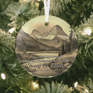 Christmas Glacier National Park Sepia EngageCouple Glass Ornament