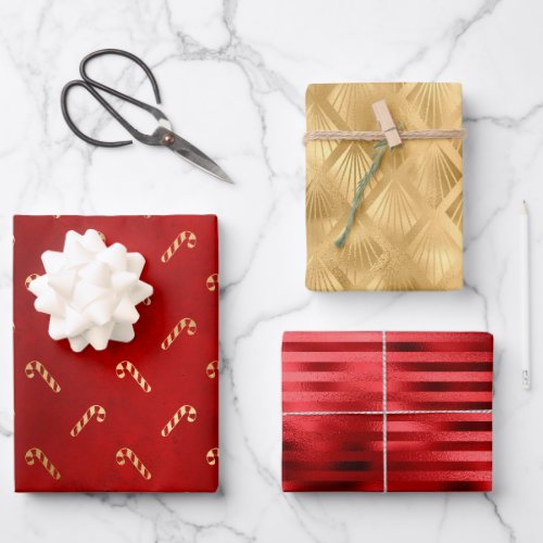 Christmas Glam Candy Canes Pattern Red Gold Foil Wrapping Paper Sheets