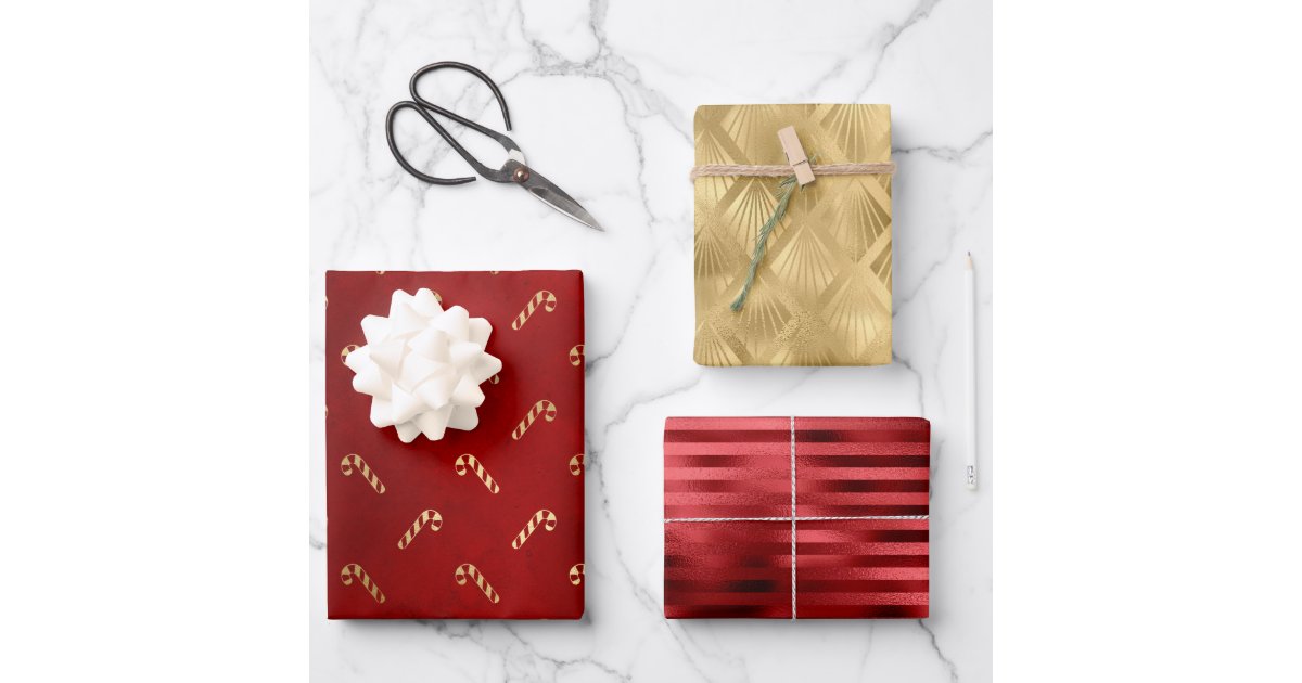 Elegant cute red and gold foil candy cane pattern wrapping paper sheets, Zazzle