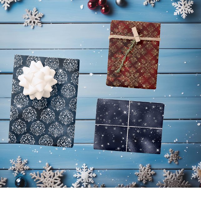 Christmas Glam Foil Metallic Glitter Burgundy Navy Wrapping Paper Sheets (Creator Uploaded)