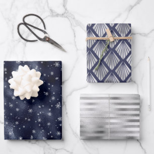 Christmas Glam Snowflake Pattern Navy Blue Silver Wrapping Paper Sheets