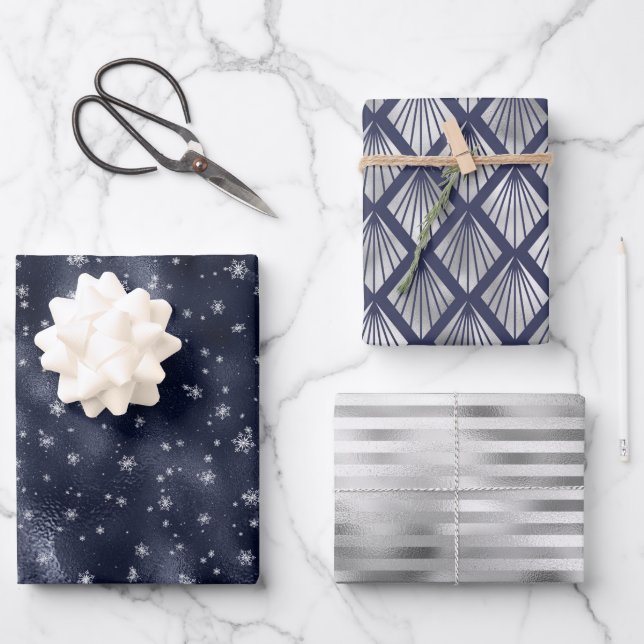 Christmas Glam Snowflake Pattern Navy Blue Silver Wrapping Paper Sheets (Front)