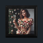 Christmas Glamour Gift Box<br><div class="desc">A stunning brunette woman exudes holiday cheer in a unique,  eye-catching dress adorned with shimmering gold fabric and a cascade of colorful Christmas ornaments. Holding a champagne flute with a delicate hand,  she stands confidently before a brightly lit Christmas tree,  her captivating gaze meeting the viewer's eye.</div>