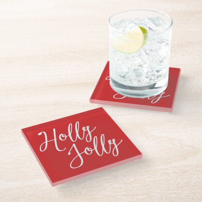 Christmas Glass Coasters Red Holly Jolly (Angled)