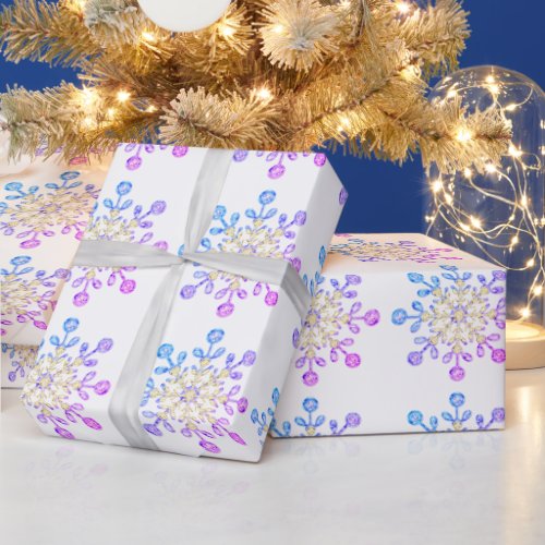 Christmas Glass Snowflakes Gold Pink Blue Wrapping Paper