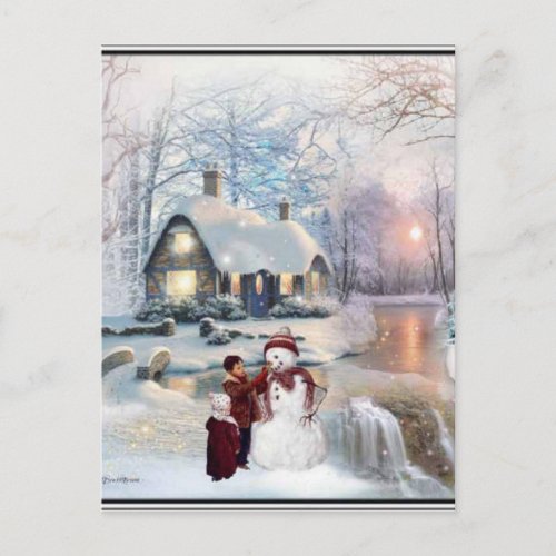 Christmas Glisten Winter Snowman Scene Postcard