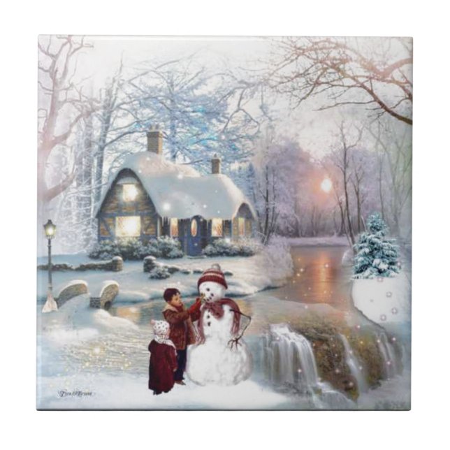 Christmas Glisten Winter Snowman Scene Tile (Front)