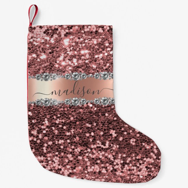Christmas Glitter Diamond Glam Pink Personalized Small Christmas Stocking (Front)