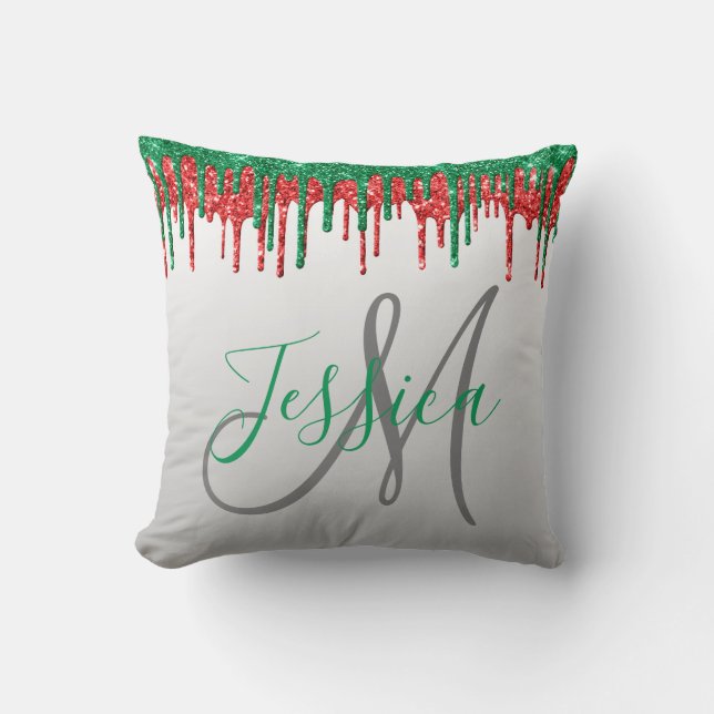 Christmas Glitter Dripping Monogram Red and Green Throw Pillow (Front)