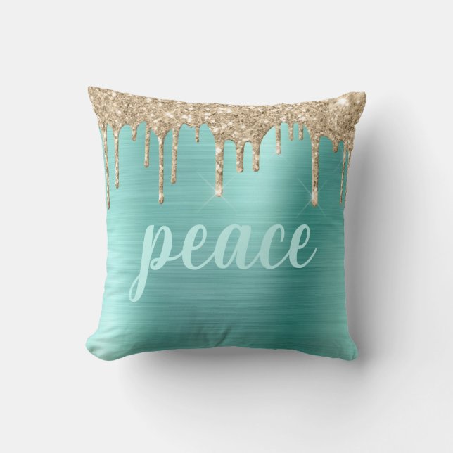 Christmas Glitter Drips Teal Typography Metallic Throw Pillow (Front)