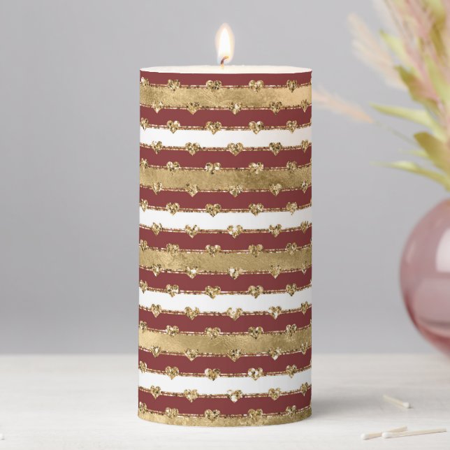 Christmas Glitter Gold Red Hearts Stripes Pillar Candle (In Situ)