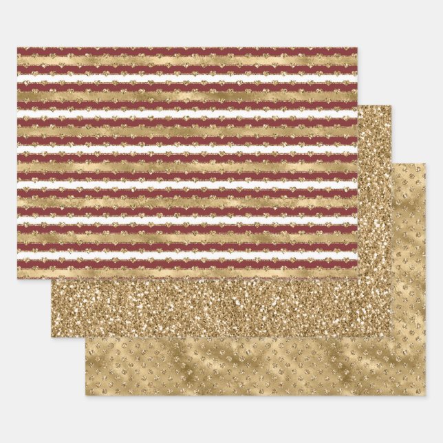 Christmas Glitter Gold Red Hearts Stripes Wrapping Paper Sheets (Set)