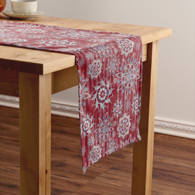 Christmas Glitter-Ice Cycles and Snowflakes-Red Long Table Runner (In Situ)